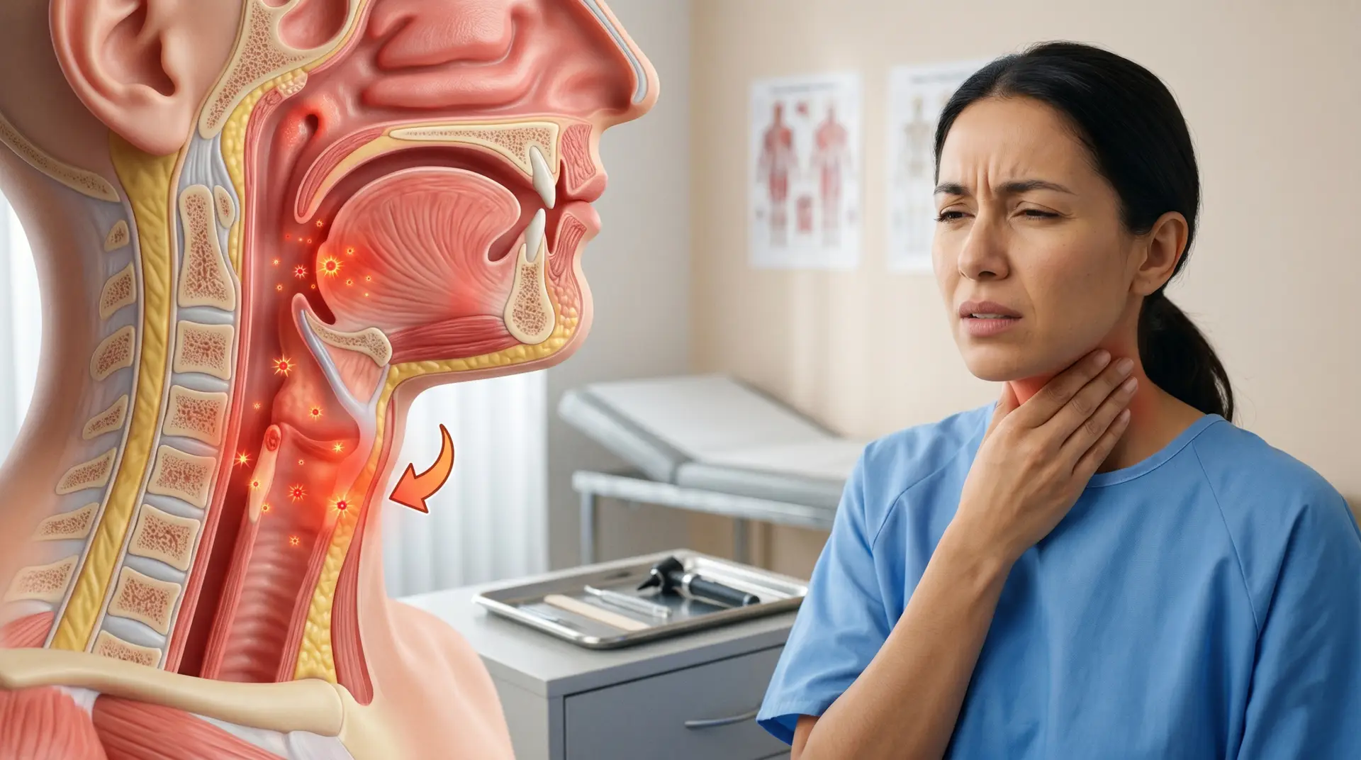 Cross‑section of head and neck showing throat anatomy with red, inflamed areas, beside a clinician touching her throat in a clinic.