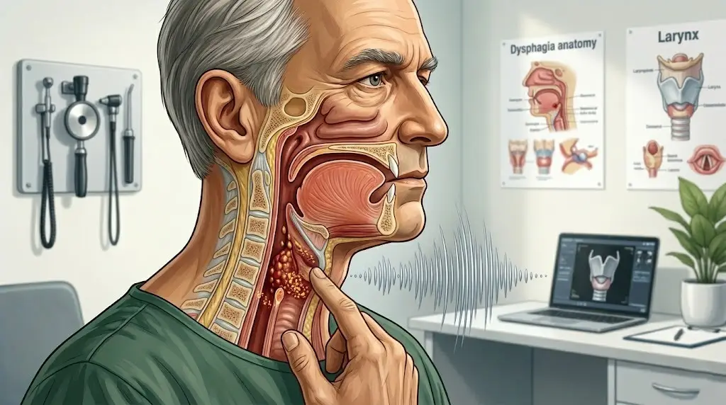 Medical illustration of a man's head and neck in profile showing cross‑section of the airway, larynx, esophagus, and thyroid with a finger pressing the neck nearby.