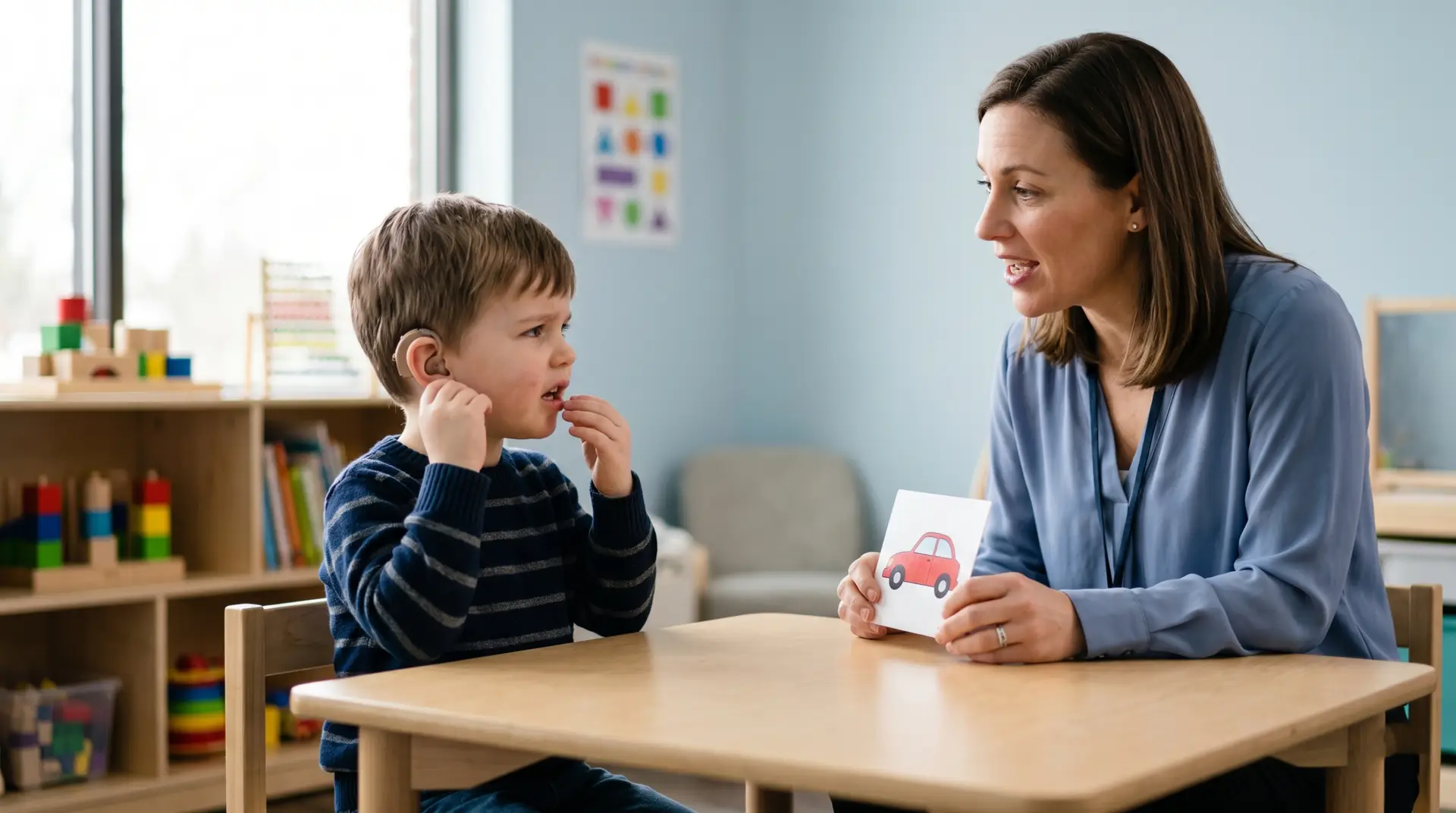Child wearing a hearing aid sits at a table during a therapy session, showing a red car card to a smiling clinician.
