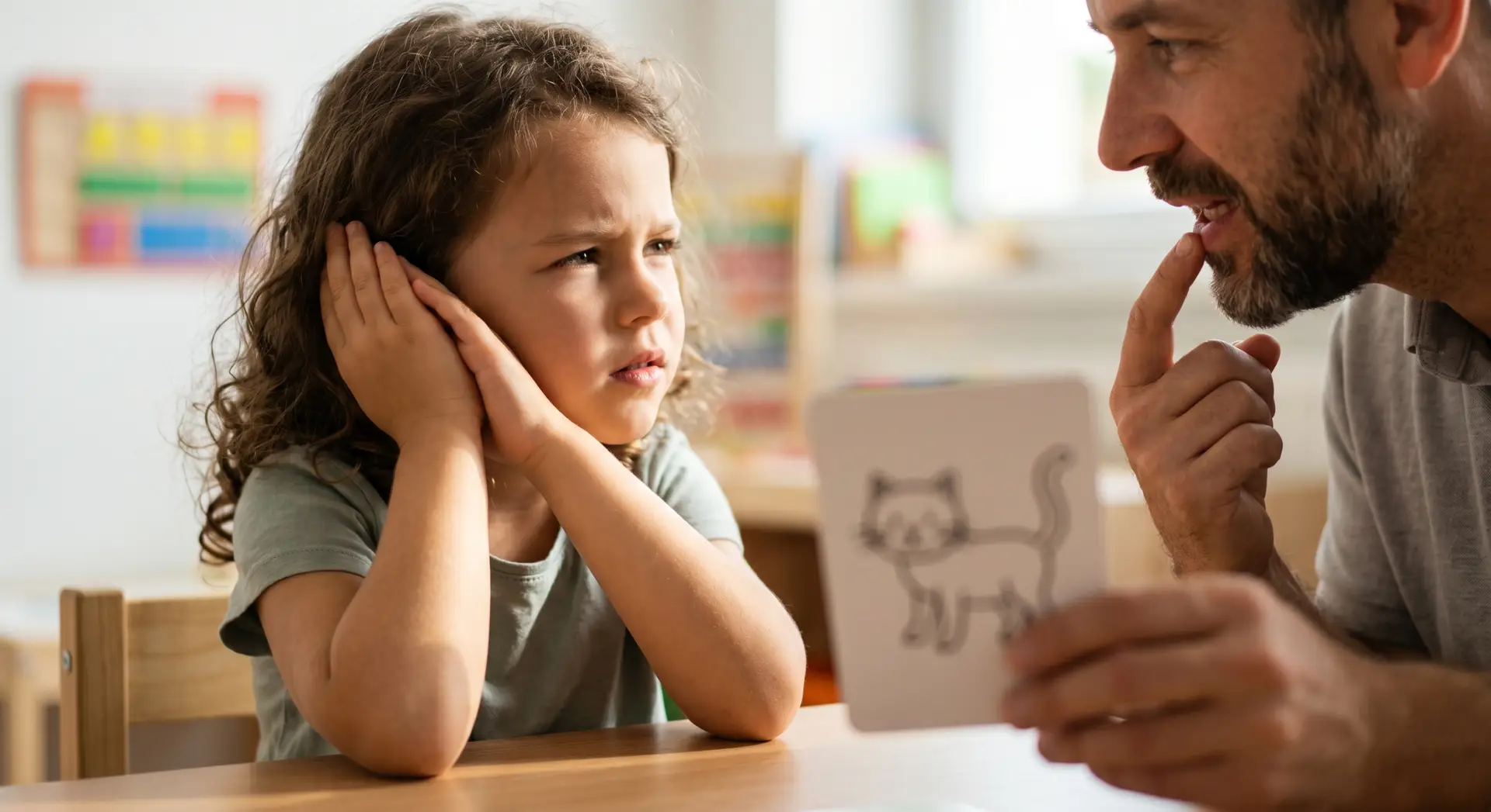 Girl sits at a table with hands to her cheeks, looking worried as a man leans in and taps his finger to his lips, signaling quiet in a classroom.