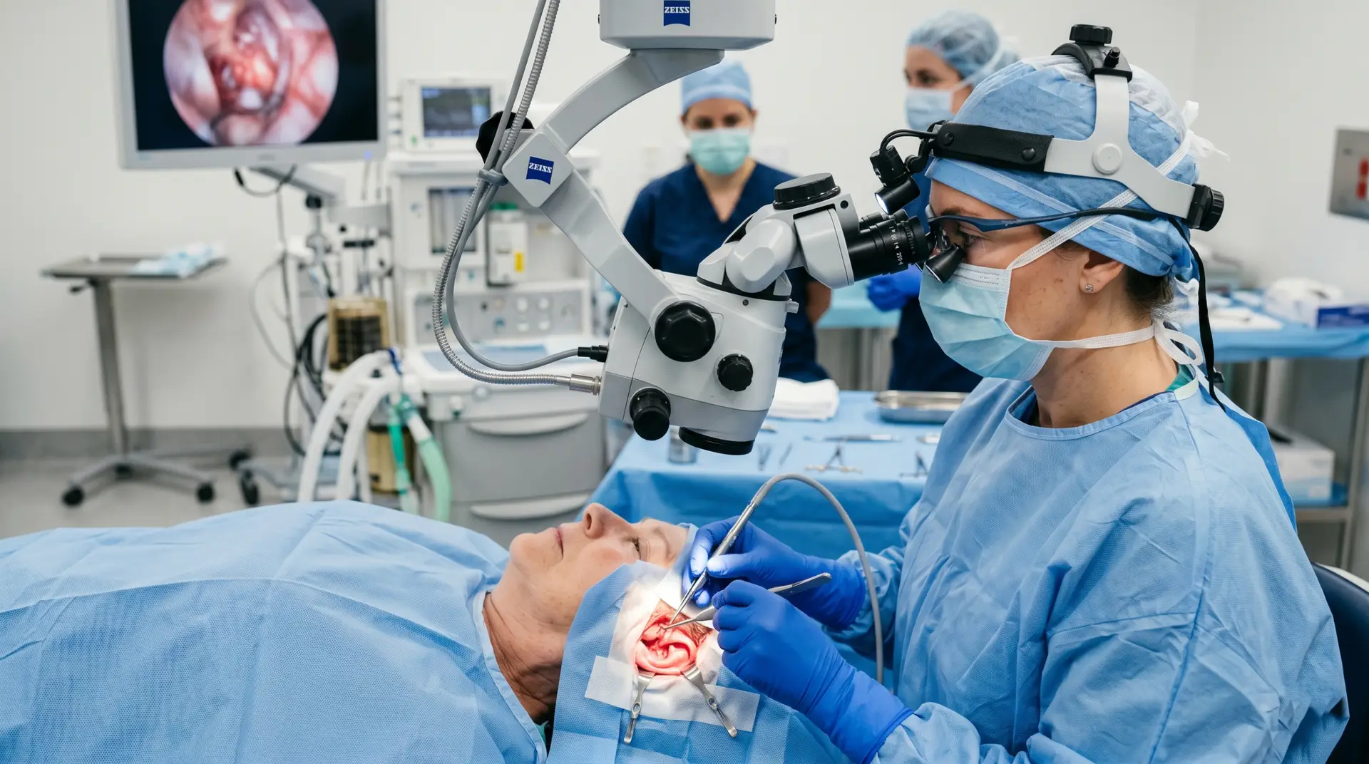 Surgeon uses a surgical microscope over a patient during an operation in a brightly equipped operating room with monitors in the background.