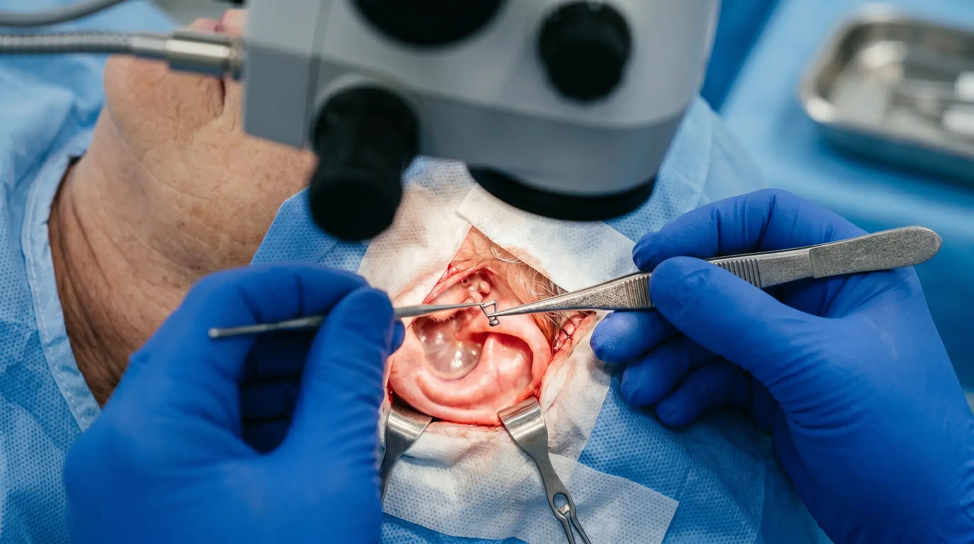 Surgeon wearing blue gloves performs dental surgery with a mouth held open by retractors under a microscope.