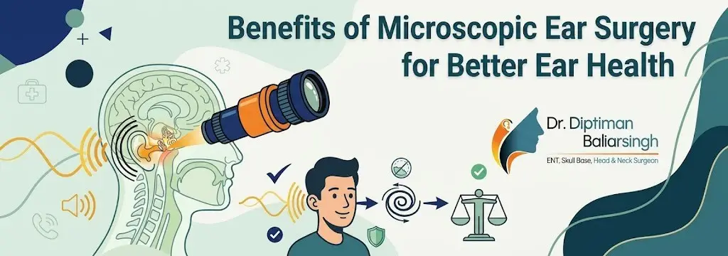 Banner illustrating ear anatomy with a microscope, a clinician figure, and the title 'Benefits of Microscopic Ear Surgery for Better Ear Health' with Dr. Diptiman Baliarsingh's logo.