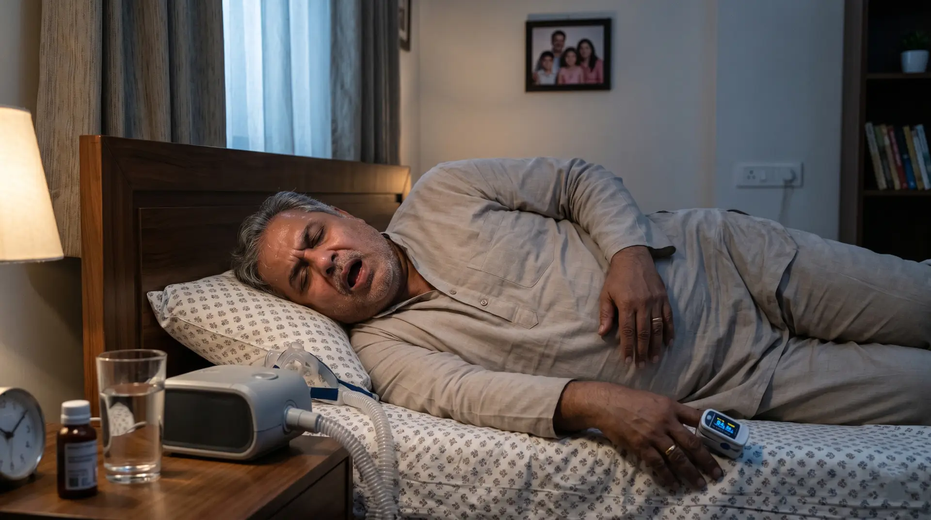 Older man resting in bed with an oxygen mask, surrounded by medical equipment on the bedside table in a dimly lit room.
