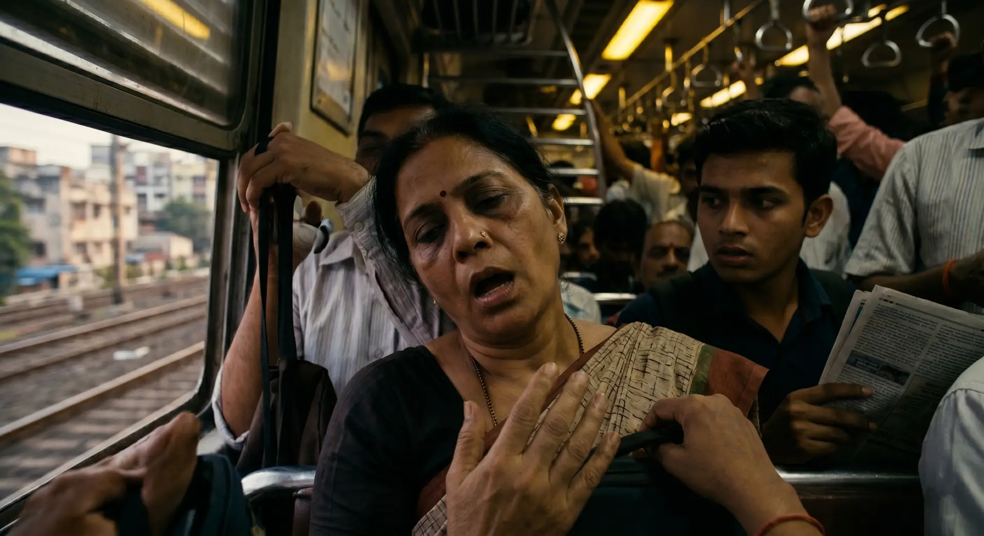 Crowded train car with a distressed woman in the foreground as fellow passengers hold onto straps nearby.