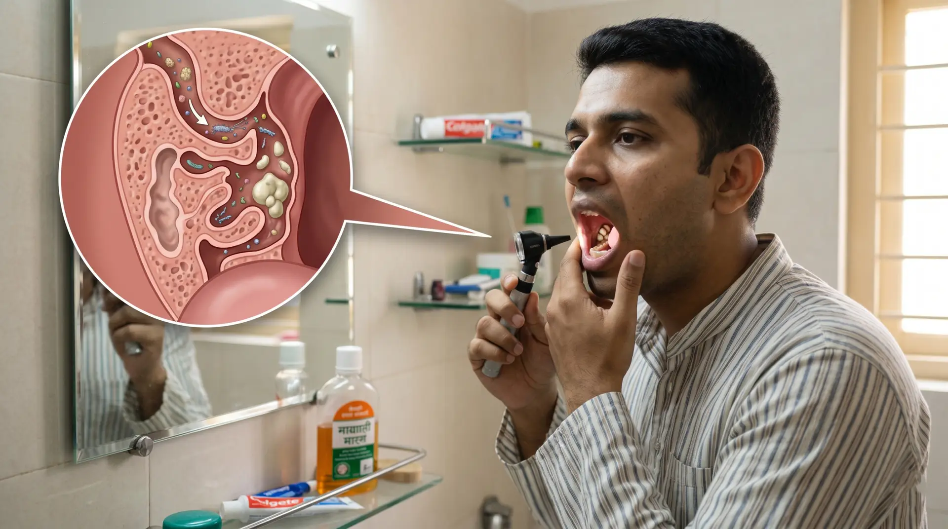 Man in a striped shirt uses an otoscope to inspect his mouth while a large circular illustration of inner ear anatomy appears as a speech-bubble overlay.