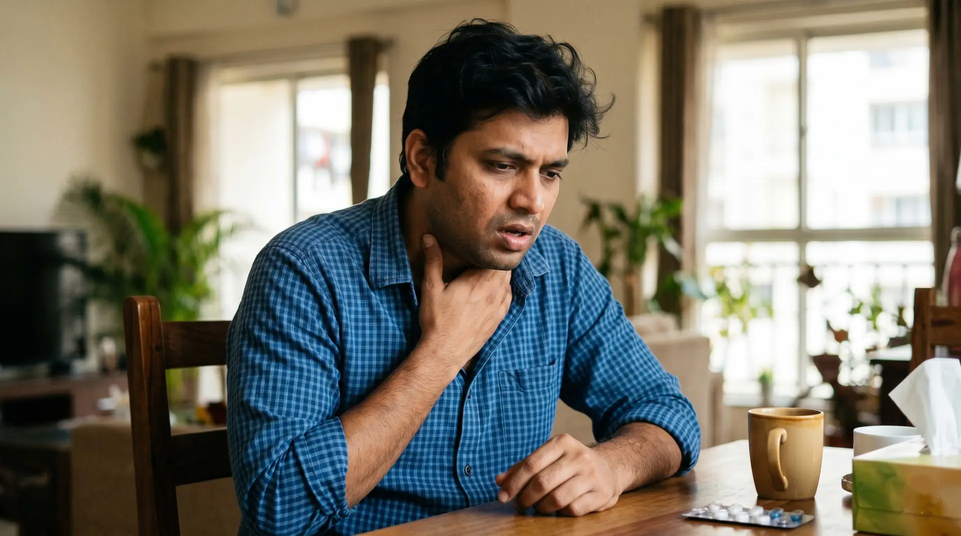 Man sits at a wooden table, touching his throat in discomfort, with a blister-pack of pills, a mug, and tissues nearby in a home setting.