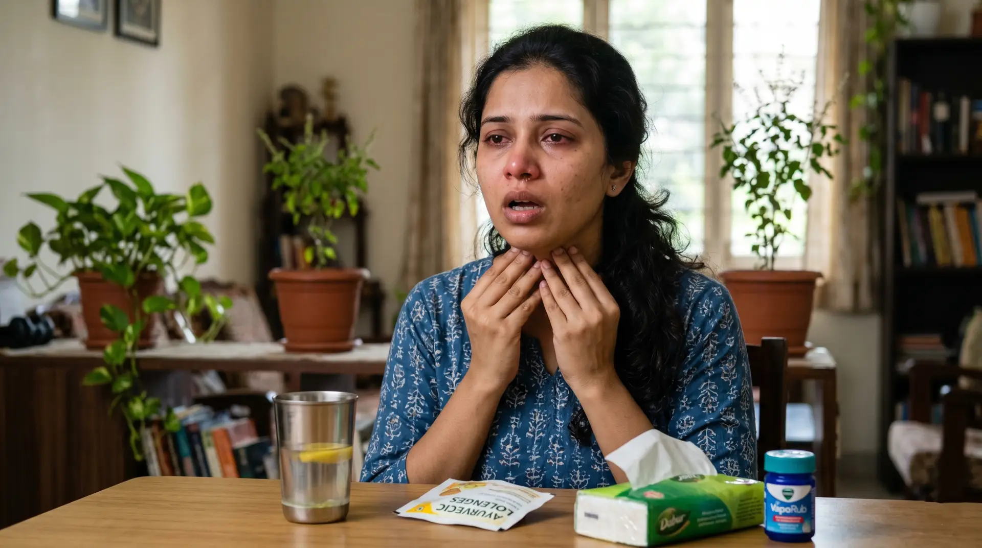 Woman sits at a table holding her throat in discomfort, with tissues and medicine on the table in a cozy home setting.