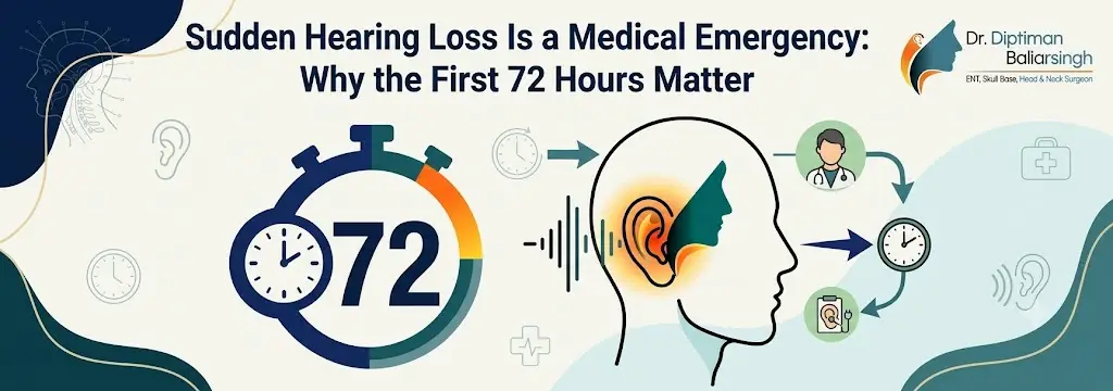 Infographic explaining why sudden hearing loss is a medical emergency and the importance of the first 72 hours; features a stopwatch, ear diagram, and clinician icon.