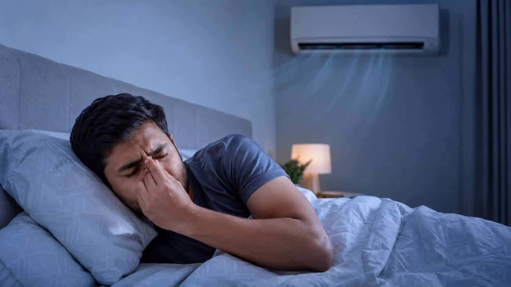 Man lying in bed at night, rubbing his eyes with blue-lit room and a wall air conditioner visible above.