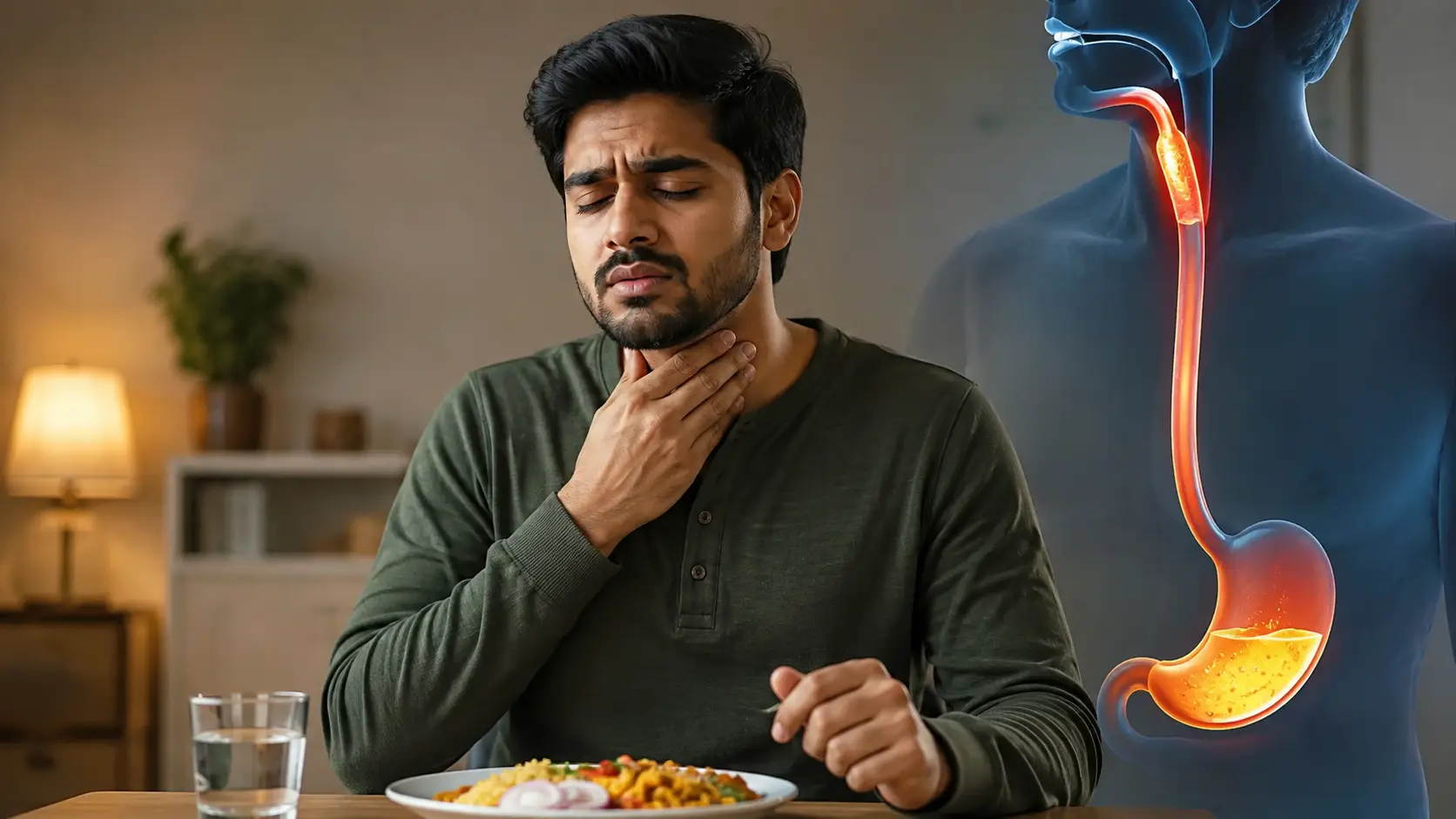 Man at a dining table grips his throat in discomfort as a medical diagram of the esophagus and stomach shows reflux.