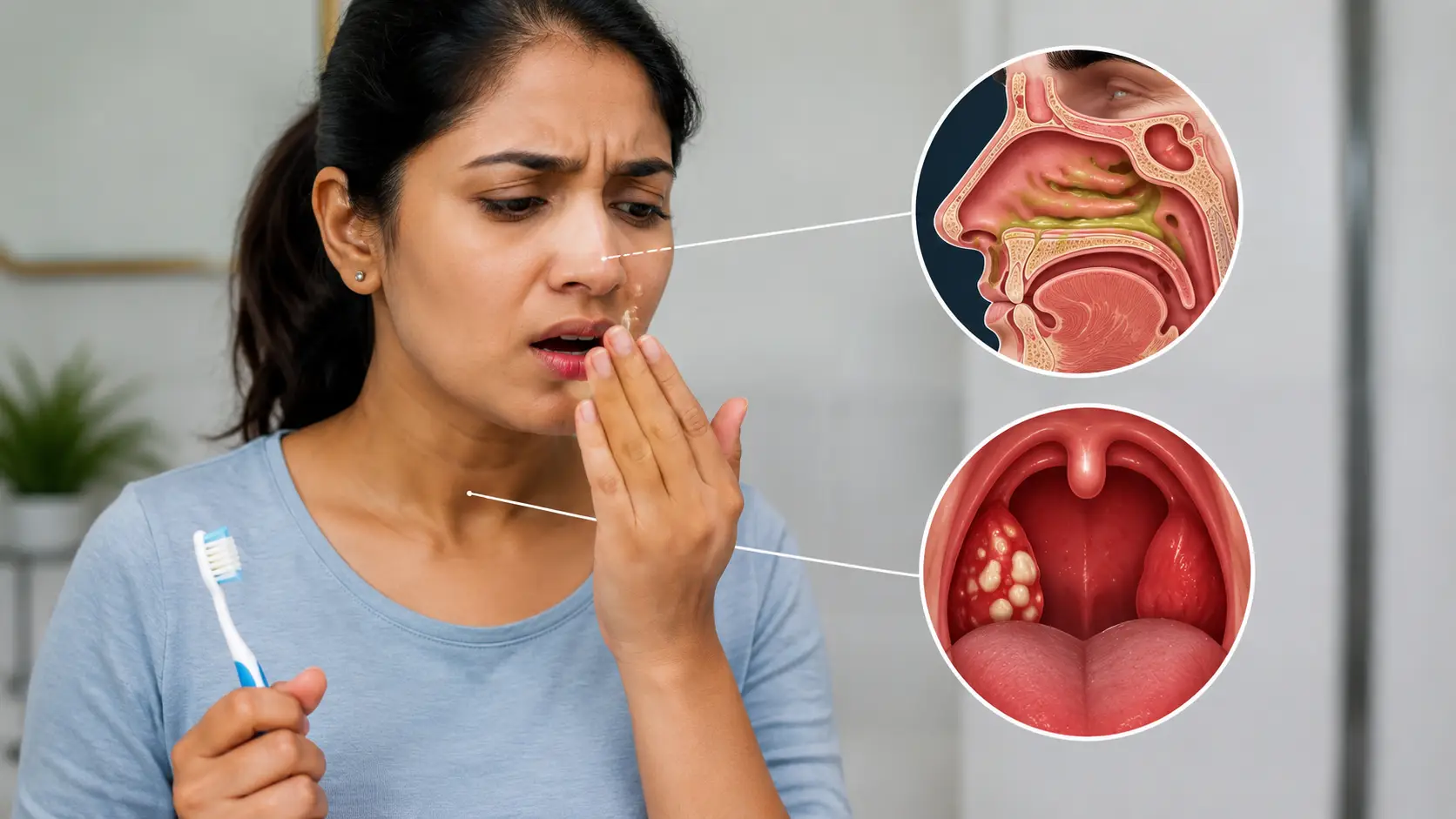 Woman holding a toothbrush and touching her lips in pain, with circular diagrams showing sinus congestion and throat/tonsil inflammation nearby on the cheek.