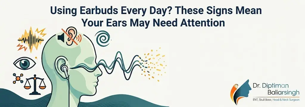 Illustrated profile of a person wearing earbuds, with sound waves and icons signaling ear health; headline about ear attention.
