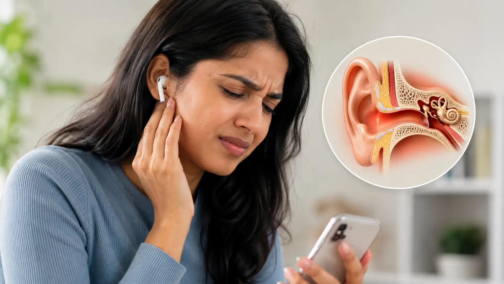 Woman in a blue sweater grimacing while touching her ear with wireless earbuds, looking at her phone; inset circular diagram shows ear anatomy.