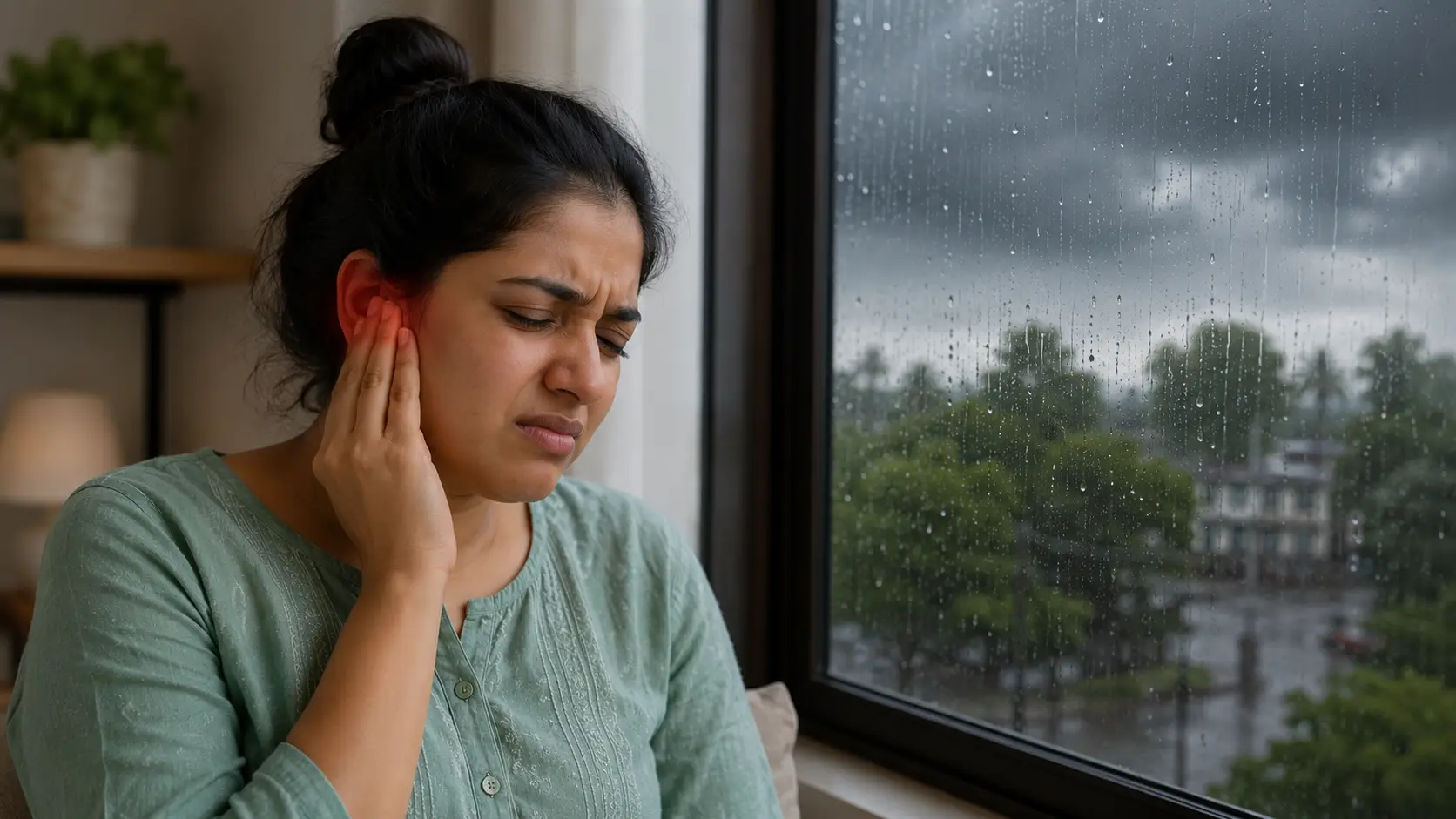 Woman sitting by a rain-streaked window, touching her ear in discomfort (earache) inside a home.