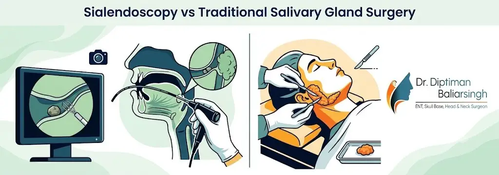 Comparison banner: sialendoscopy vs traditional salivary gland surgery with endoscopic procedure and surgeon at work, Dr. Diptiman Baliarsingh logo visible