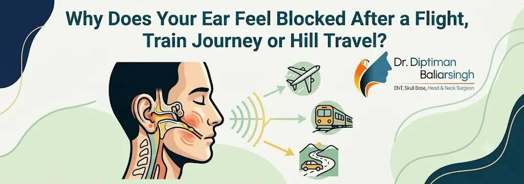 Banner about ear blockage after travel; side view of ear anatomy with travel icons (airplane, train, car) and a doctor’s logo on the right.