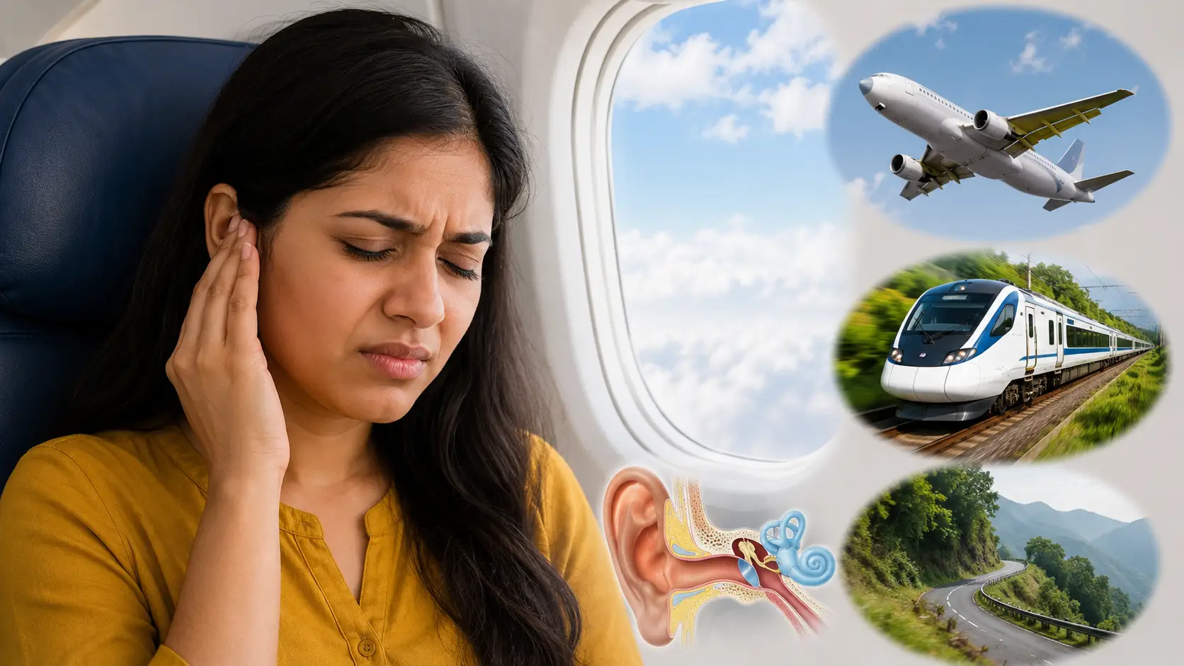 Woman on a plane holding her ear in pain, with thought bubbles showing a plane, a train, a winding road, and an inner-ear diagram—illustrating travel ear discomfort.