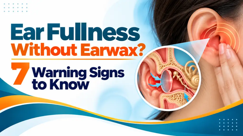 Promotional graphic about ear fullness and earwax symptoms, with a circular ear anatomy diagram and bold text.