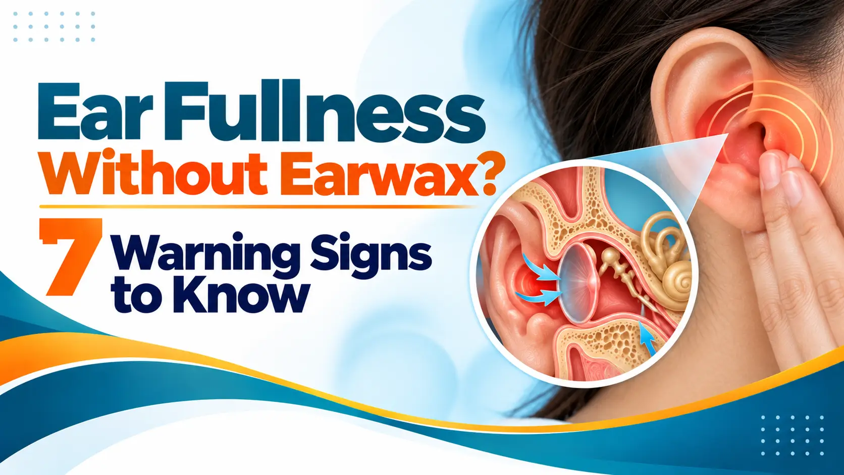 Ear Fullness_ 7 Warning Signs - Dr Diptiman Baliarsingh - Dr Diptiman Baliarsingh Promotional graphic about ear fullness and earwax symptoms, with a circular ear anatomy diagram and bold text.